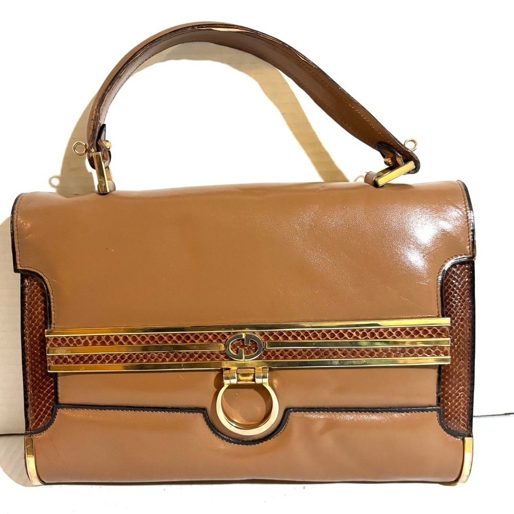 Vintage Tan leather & snakeskin Satchel with Gold Accent Hardware